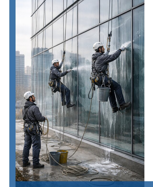 Промышленная мойка панорамных окон на высоте в Коломне