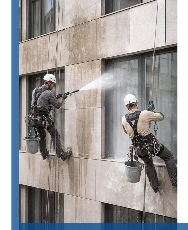 Послестроительная мойка фасада промышленным альпинизмом в Коломне