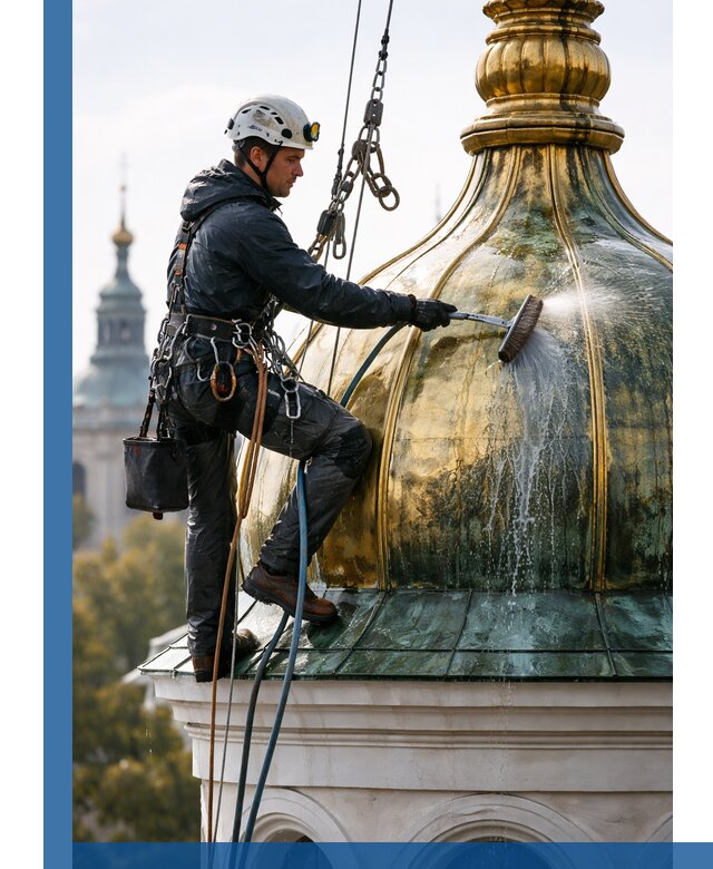 Профессиональная мойка куполов и шпилей высотными альпинистами в Коломне