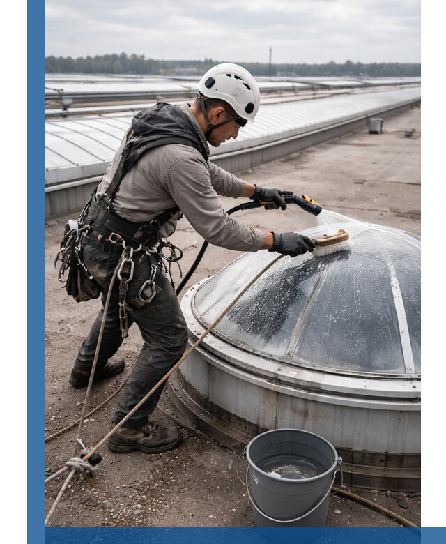 Мойка зенитных фонарей на кровле для промышленных объектов в Коломне