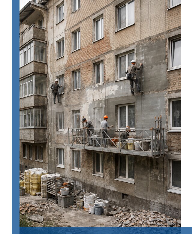 Капитальный ремонт фасада в Коломне с восстановлением и гидроизоляцией