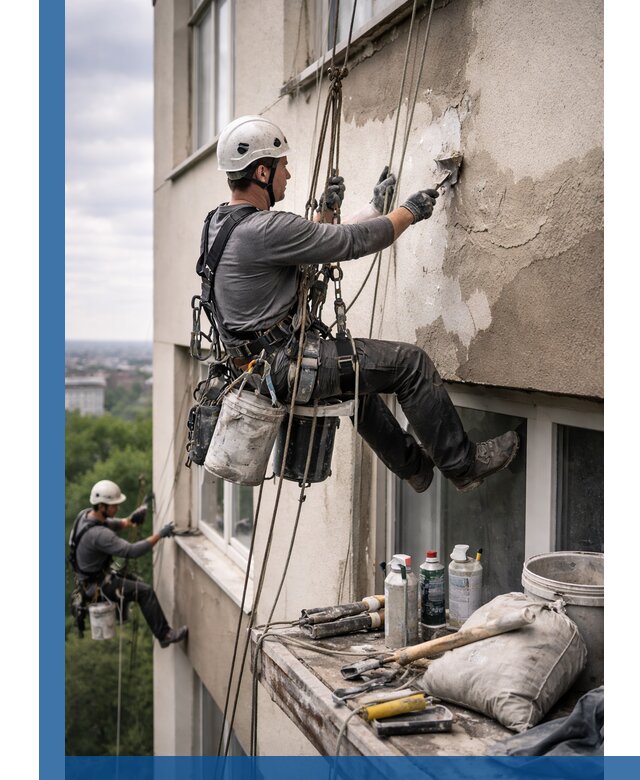Косметический ремонт фасада зданий в Коломне промышленными альпинистами