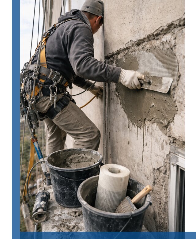 Ремонт бетонных элементов фасада промышленными альпинистами в Коломне