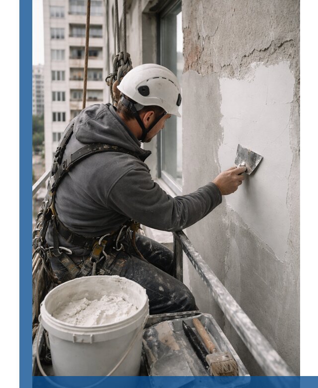 Шпаклевка фасадов на высоте с промальпинистами в Коломне