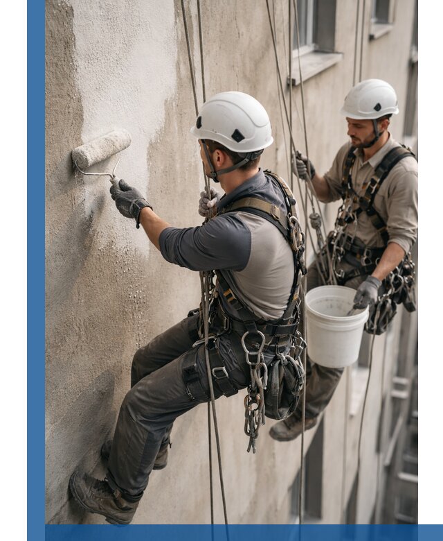 Грунтовка фасада на высоте в Коломне промышленными альпинистами