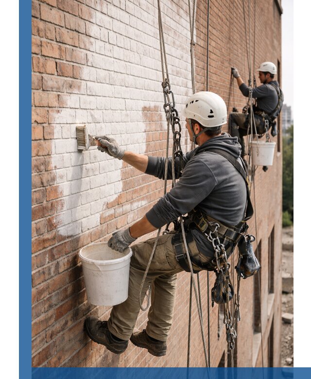 Покраска кирпичного фасада с доступным альпинистским сервисом в Коломне