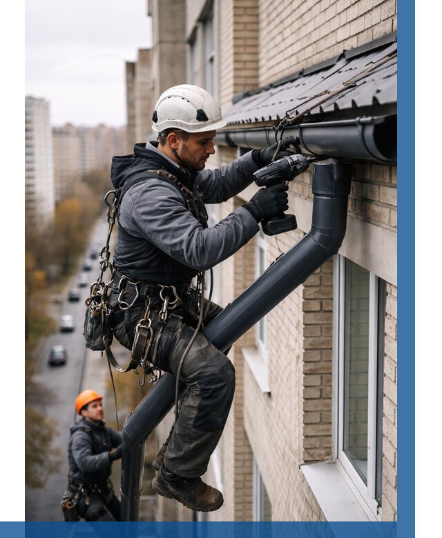 Монтаж водосточной системы на здании в Коломне от 5070 р. | ВЫСОТНИК-Клм