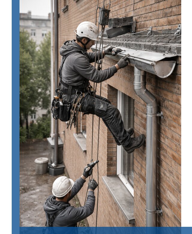 Монтаж водосточной системы на здании в Коломне под ключ