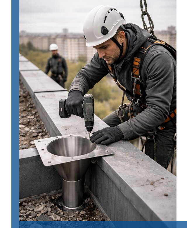 Монтаж водосточных воронок в Коломне для промышленных зданий