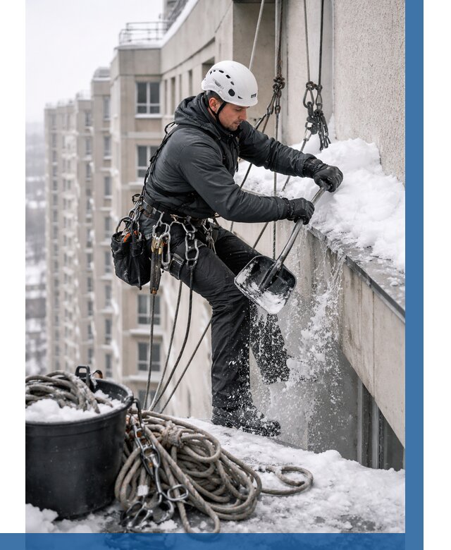 Очистка карнизов от снега в Коломне от 304 р. | ВЫСОТНИК-Клм