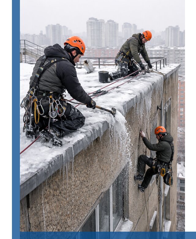 Удаление наледи с кровли в Коломне промышленными альпинистами