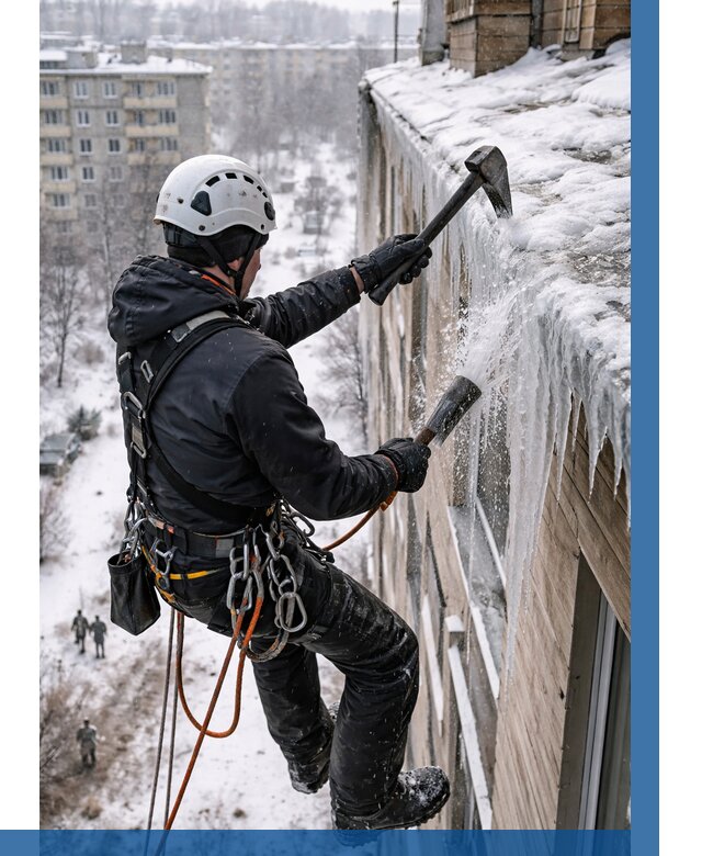 Сбивание сосулек с крыши в Коломне по цене от 4563 р. | ВЫСОТНИК-Клм