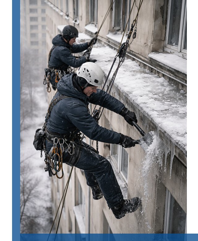 Удаление наледи и сосулек с карнизов в Коломне профессионально