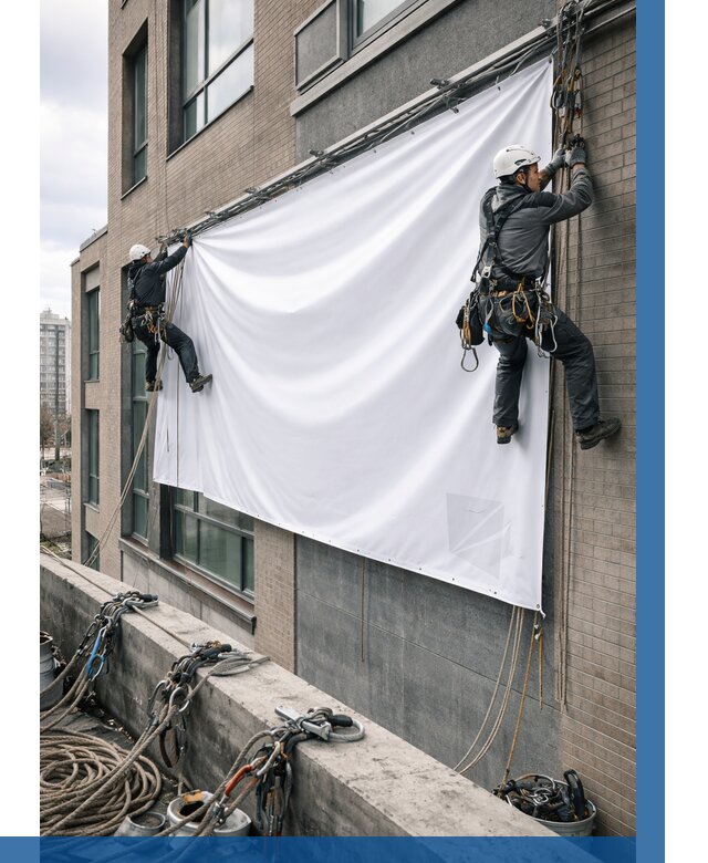 Монтаж баннеров на фасаде в Коломне от 659 р. заказать ВЫСОТНИК-Клм