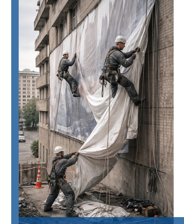 Демонтаж баннеров с фасада в Коломне оперативно и безопасно