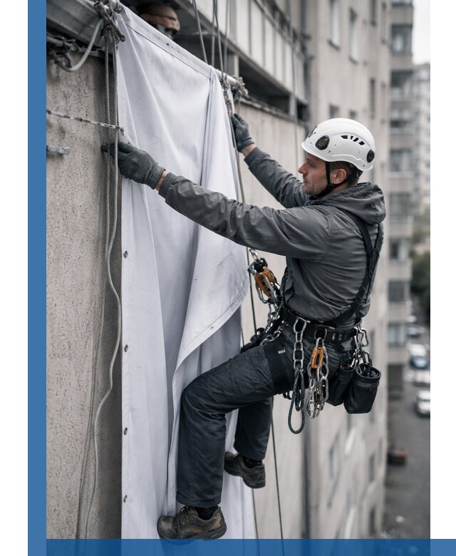 Замена баннерного полотна промышленными альпинистами в Коломне
