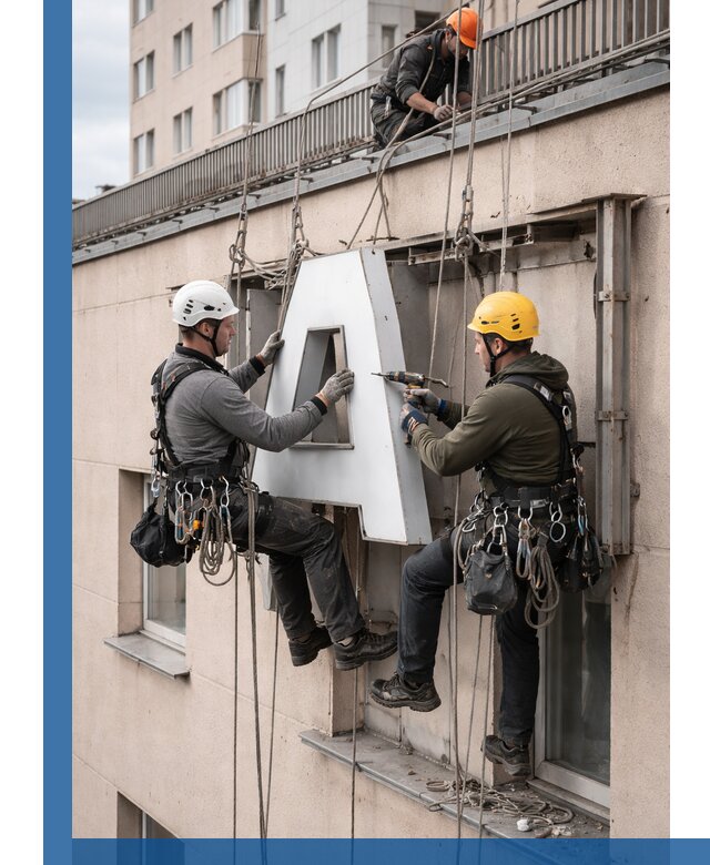 Ремонт и восстановление наружных вывесок на высоте в Коломне