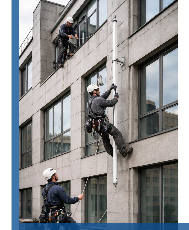 Монтаж флагштока на фасаде здания с креплением и герметикой в Коломне