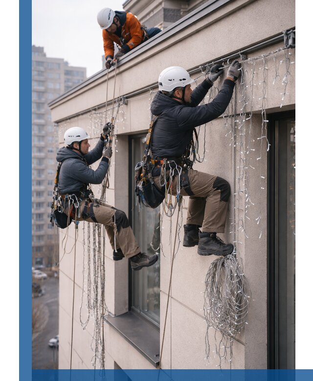 Монтаж праздничных гирлянд на фасаде в Коломне для зданий