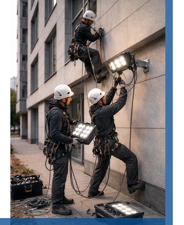 Монтаж прожекторов на фасаде в Коломне от 7604 р. | ВЫСОТНИК-Клм