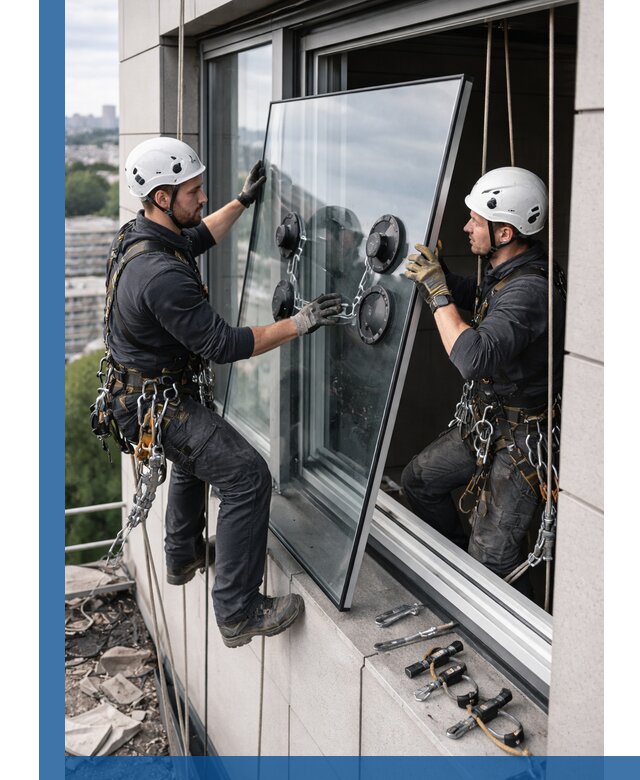 Замена стеклопакетов на высоте с промышленными альпинистами в Коломне