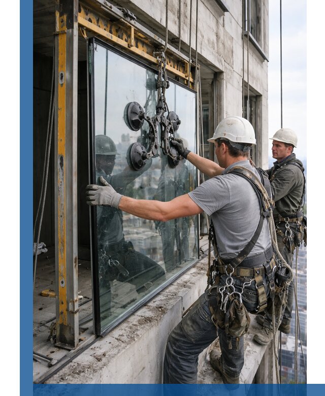 Монтаж стеклопакетов на высоте в Коломне с промышленным альпинизмом