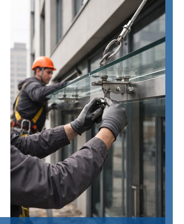 Монтаж стеклянных козырьков в Коломне от 8618 р. | ВЫСОТНИК-Клм