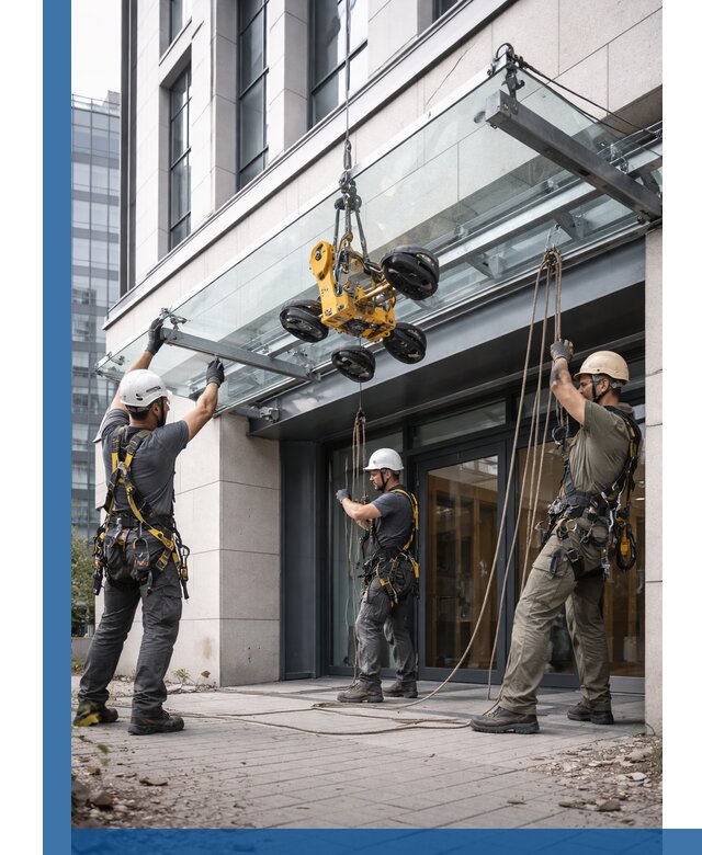 Монтаж стеклянных козырьков под ключ в Коломне для зданий