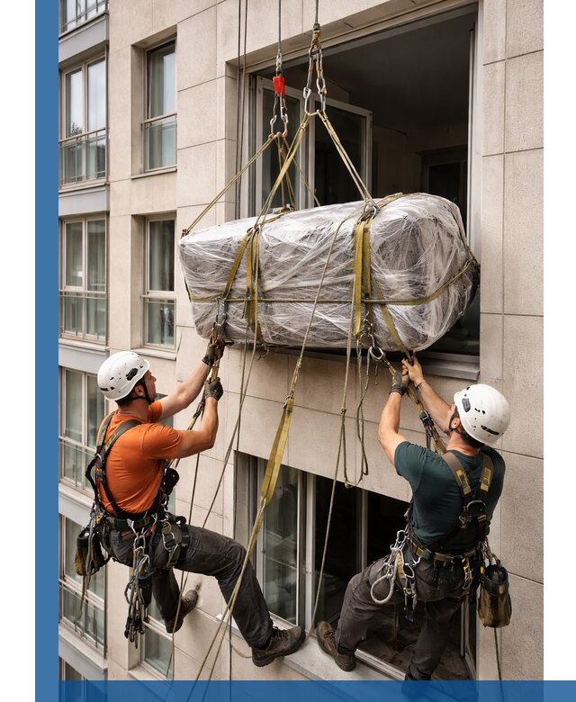 Подъем грузов через окно в Коломне промышленными альпинистами