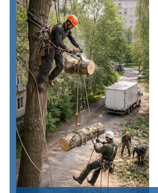 Спил деревьев альпинистами в Коломне, безопасно и без повреждений