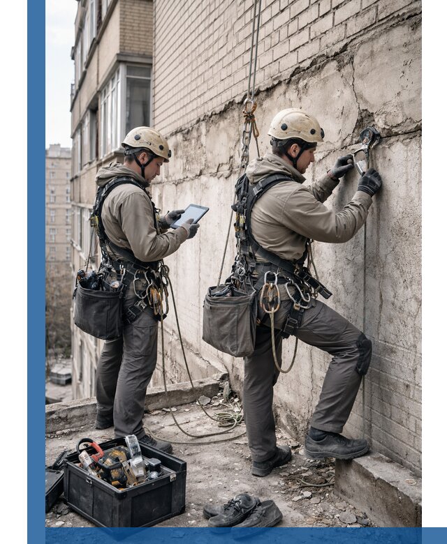 Обследование фасада промышленными альпинистами в Коломне